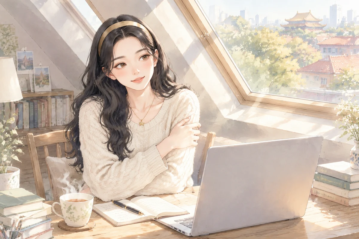白艾莉在阁楼书桌前，带着笑意看向你