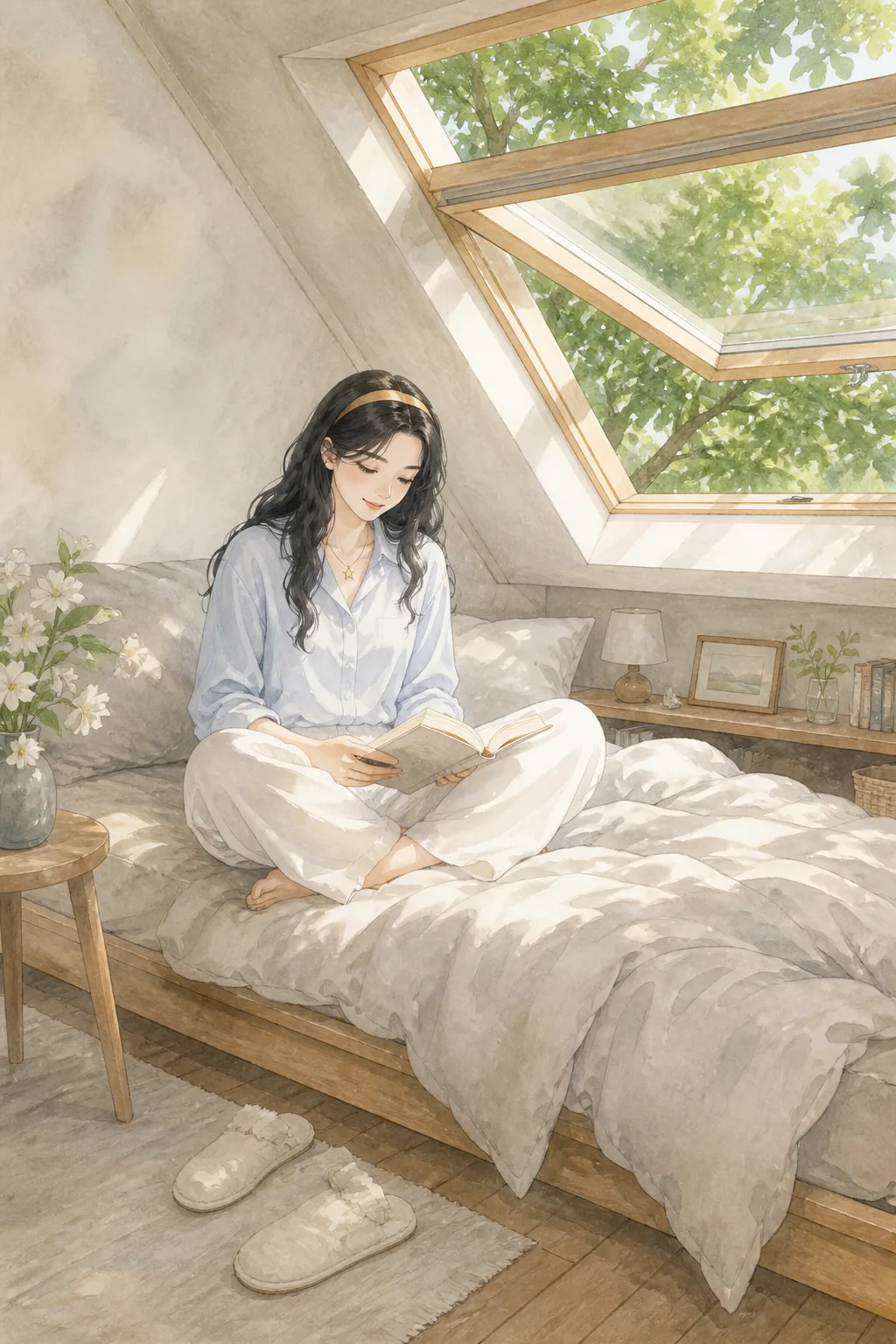 白艾莉坐在床上看书