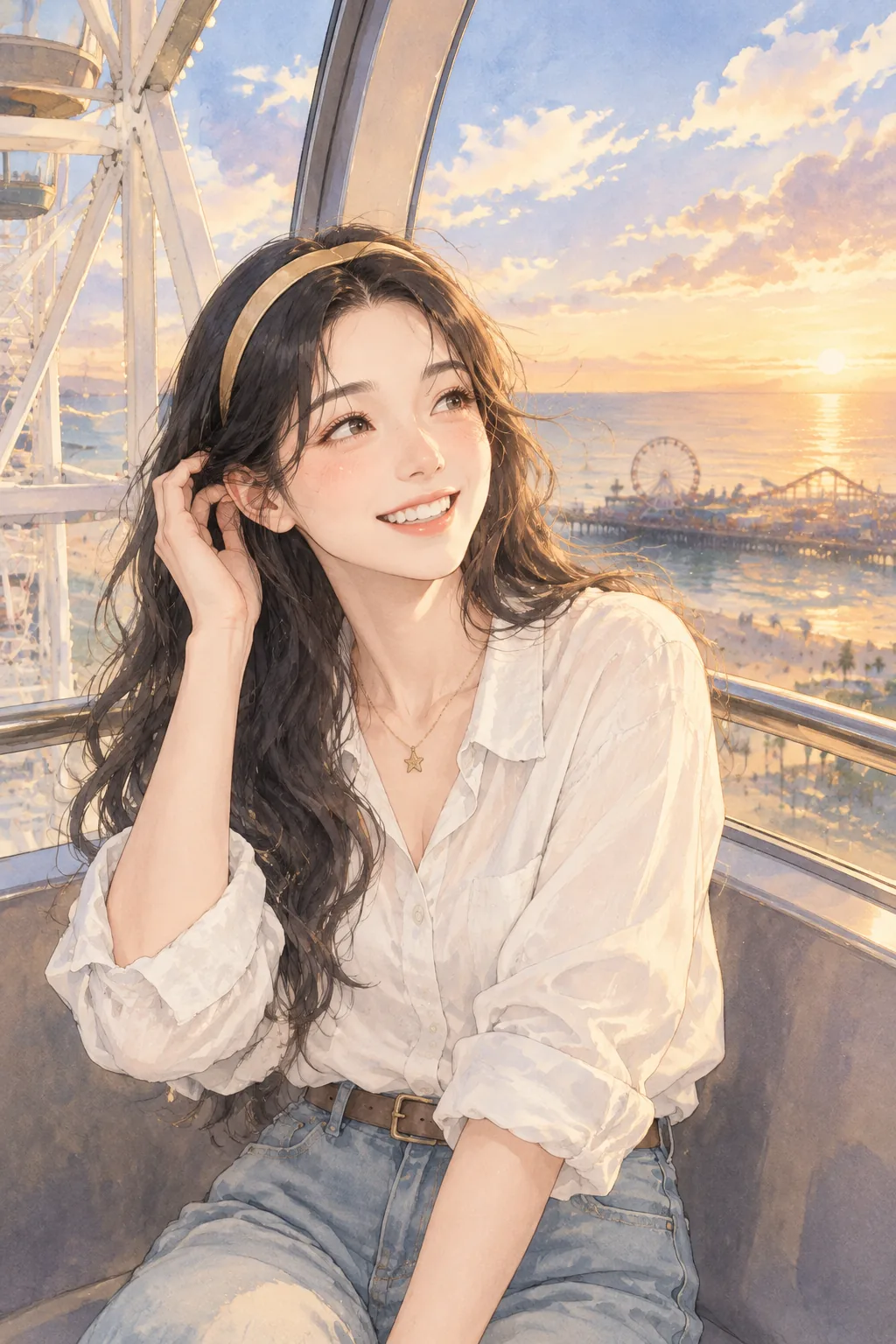 白艾莉坐在摩天轮里看海边日落