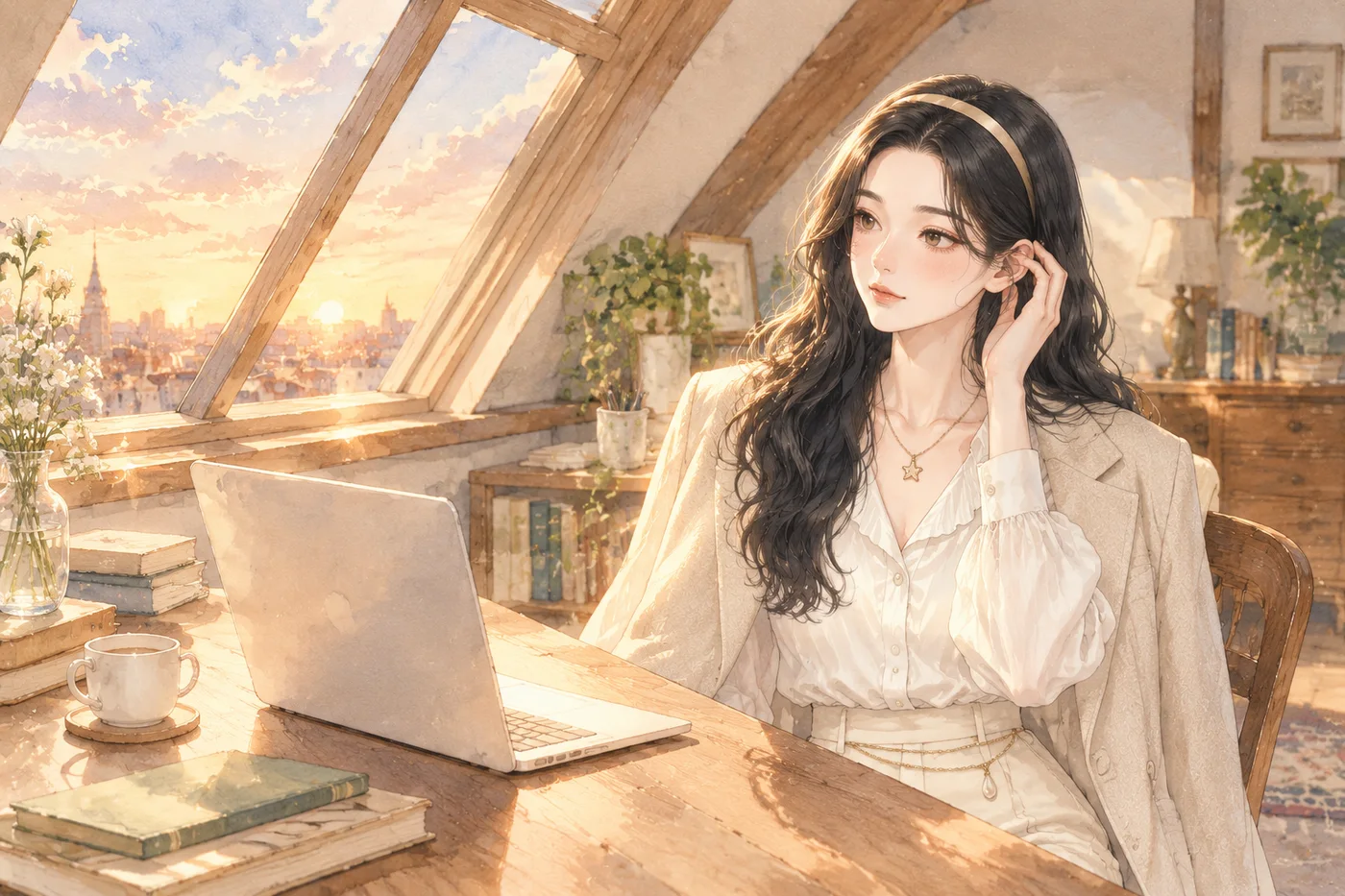 白艾莉在夕阳下的阁楼书桌前，一边听着一边把事情接过去